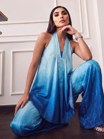 Ombere Blue V Halter Neckline Set And Flowy Wide-Leg Pants