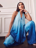 Ombere Blue V Halter Neckline Set And Flowy Wide-Leg Pants
