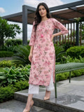 Varanga Women Grey Floral Printed Wit V-Neck And Three Quater Sleeve Straight Kurta