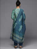 Varanga Women Blue Floral Printed Kurta, Round Neck Straight Kurta Paired With Tonal Bottom And Printed Dupatta.