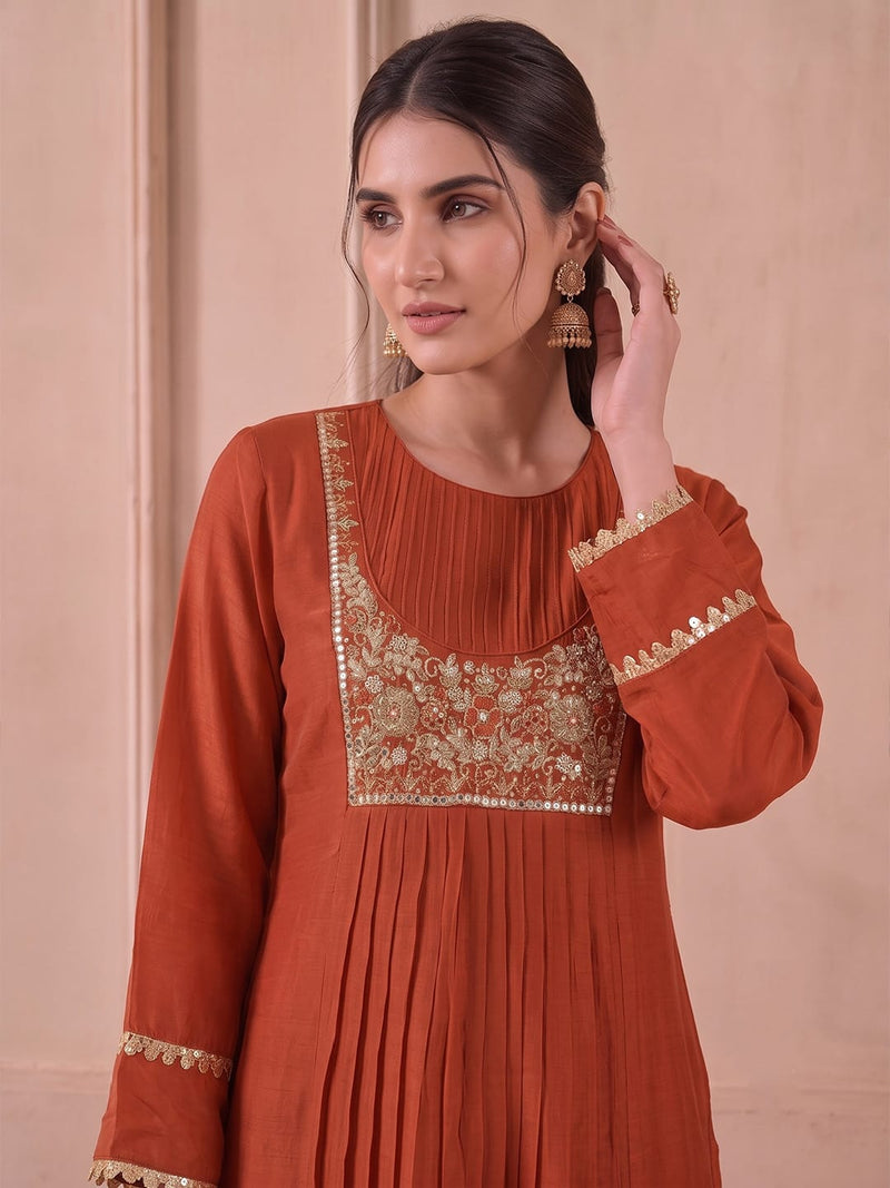 Rust Zari Embroidered Kurta Set With Trouser And Dupatta