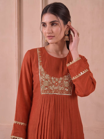 Rust Zari Embroidered Kurta Set With Trouser And Dupatta