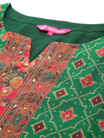 Varanga Women Plus Size Green Ethnic Motif Printed Straight Kurta Paired With Tonal Bottom And Printed Dupatta.