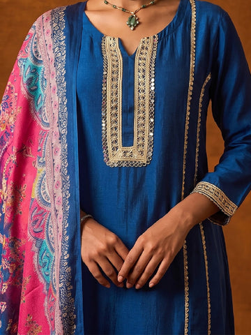 Royal Blue Mirror Work Kurta And Trouser Set With Dupatta