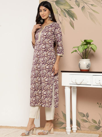 Varanga Women Purple & Gold-Toned Floral Printed Floral Kurta