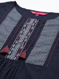 Varanga Women Navy Blue & White Yoke Design Screen Print Thread Work Cotton Straight Kurta