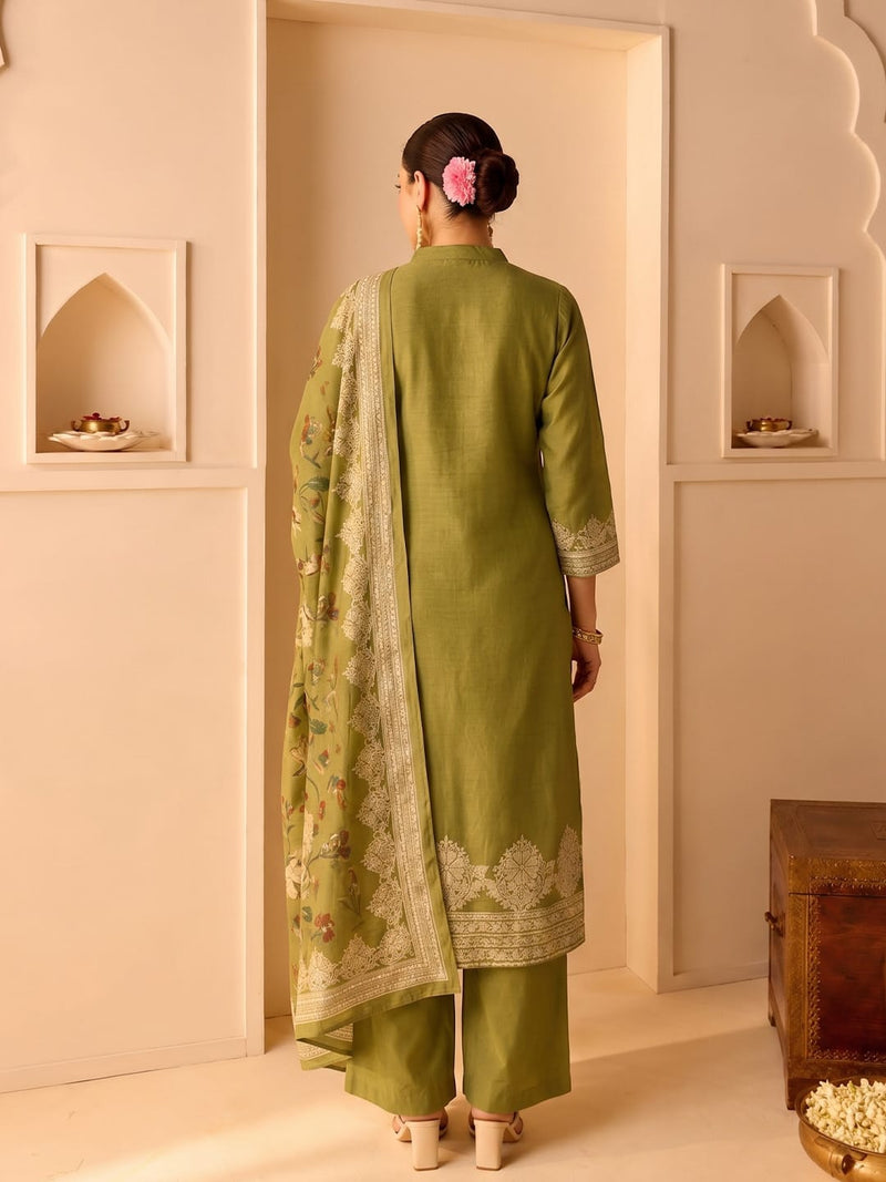 Chanderi Printed Kurta With Trouser And Dupatta