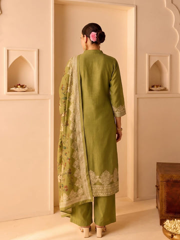 Chanderi Printed Kurta With Trouser And Dupatta