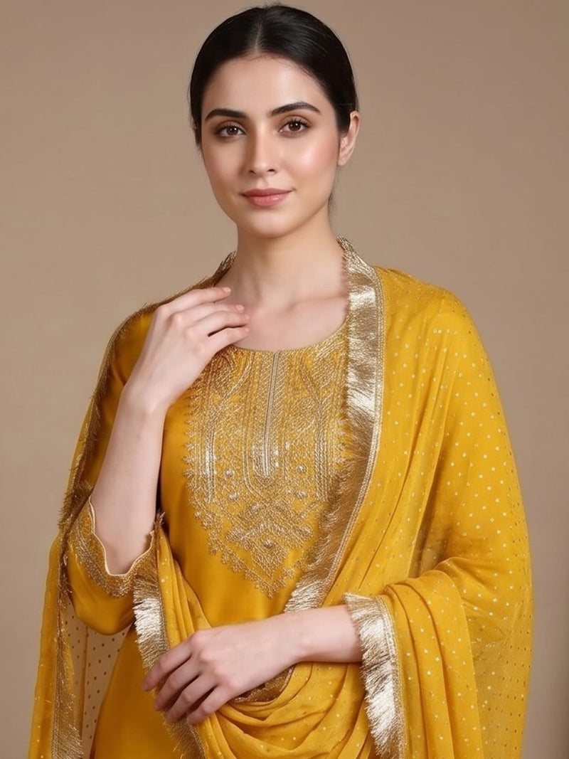 zari embroidered yoke Kurta With trouser and Dupatta