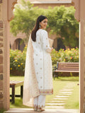 varanga Women Elegant White Ethnic 3-Piece Suit Set With Woven Kurta, Straight Pants, And A Rich Brocade Dupatta.