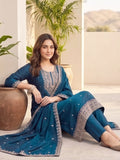 Kurta With Intricate Zari-Embroidered Yoke With Ankle-Length Solid Trousers And A Matching Zari-Accented Dupatta