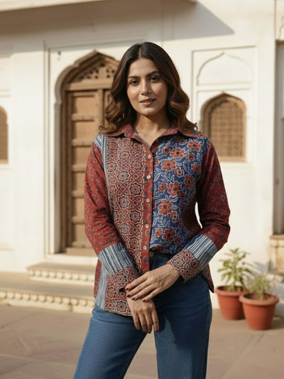 Paneled Cotton Shirt with Floral and Geometric Prints