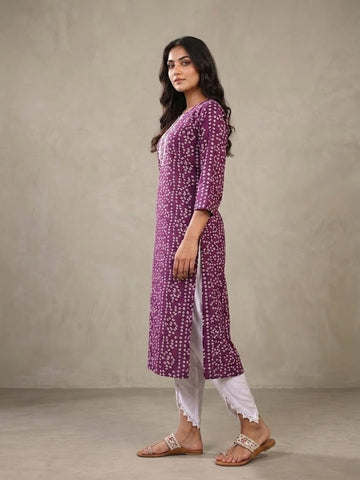 Varanga Women Purple & White Bandhani Printed Kurta