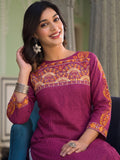 Women's Purple Yoke Embroidered Straight Kurta