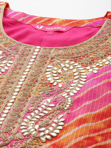 Varanga Women Pink And Yellow Lehariya Gota Embroidered Yoke Kurta With Bottom And Dupatta