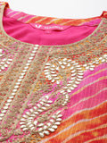 Varanga Women Pink And Yellow Lehariya Gota Embroidered Yoke Kurta With Bottom And Dupatta