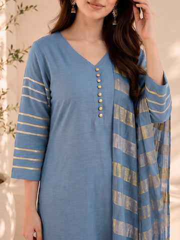 Grey Kurta Set Paired With A Shimmering Striped Dupatta