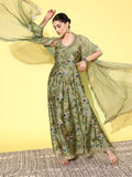 Varanga Women Green Floral Printed Sequinned Silk Anarkali Kurta With Dupatta