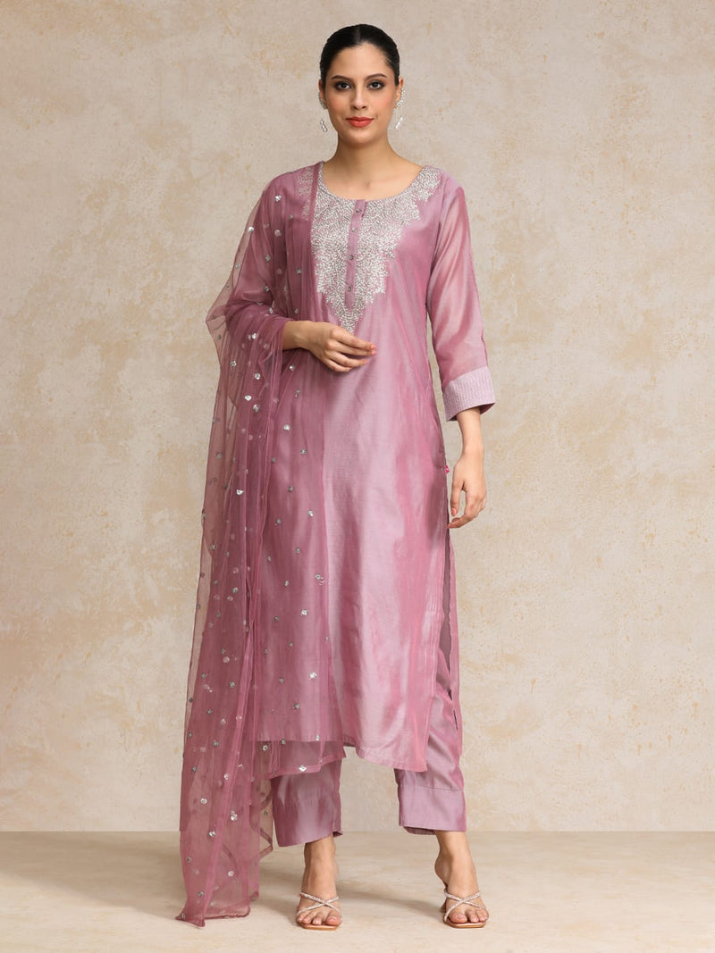 Varanga Women Mauve Zari Yoke Design Chanderi Silk Kurta with Trousers & Dupatta