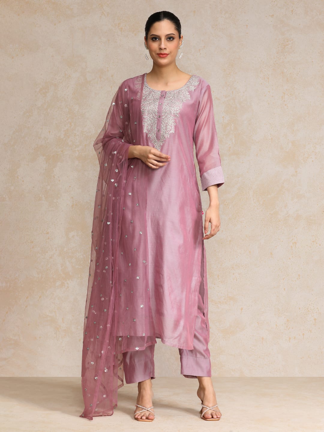 Varanga Women Mauve Zari Yoke Design Chanderi Silk Kurta with Trousers & Dupatta