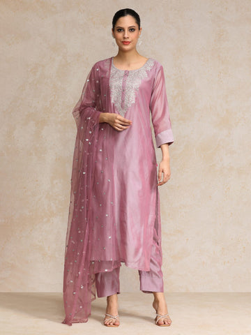 Varanga Women Mauve Zari Yoke Design Chanderi Silk Kurta with Trousers & Dupatta