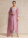 Varanga Women Mauve Zari Yoke Design Chanderi Silk Kurta with Trousers & Dupatta