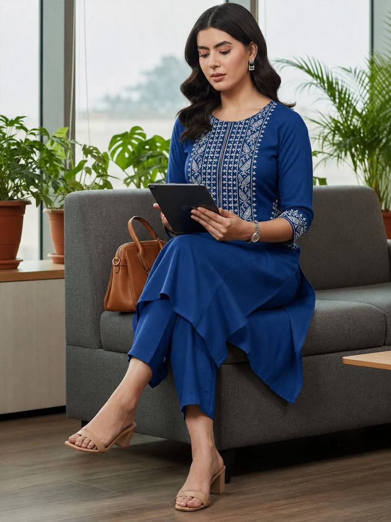 Women Blue Shirt-Style Kurta With Trousers