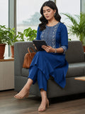 Women Blue Shirt-Style Kurta With Trousers