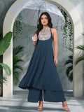 Varanga Women Blue Yoke Embroidered Sleeveless Flared Kurta With Trousers.