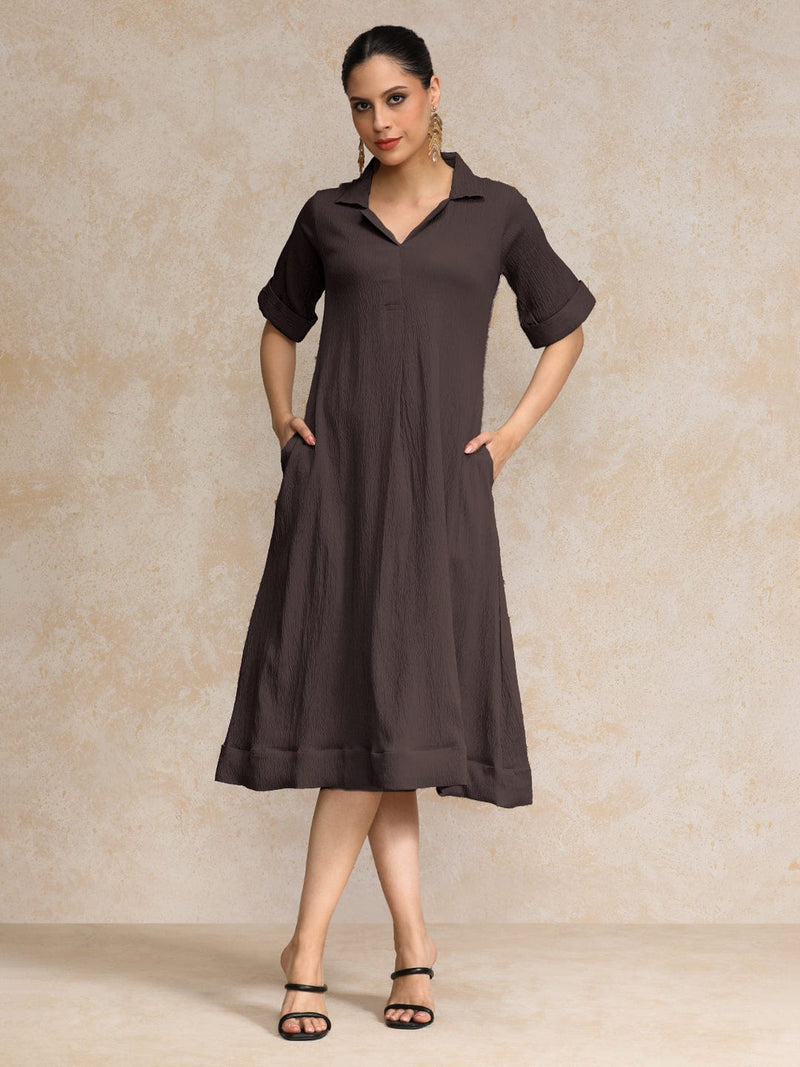 Varanga Women Beige Shirt Collar A Line Dress