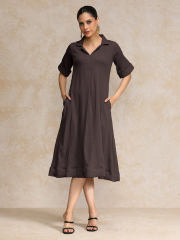 Varanga Women  Beige Shirt Collar A Line Dress