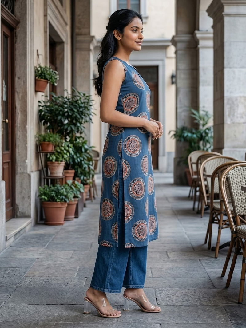Women's Blue Geometric Printed Sleeveless Straight Kurta