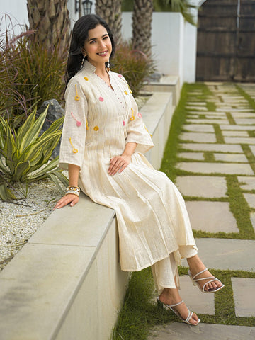 Women's Cream Embroidered A-Line Anarkali Kurta and Wide-Leg Trouser Set