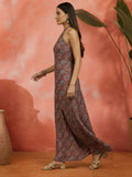 Elegant Ajrakh Full-Length Halter neck Dress
