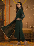 Varanga Women Green Embroidered Straight Kurta Paired With Tonal Embroidered Bottom And With Tonal Chiffon Dotted Dupatta