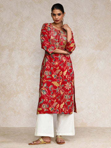 Varanga Women Bold Floral Printed With Lace gota patti Detailed Yoke Kurta