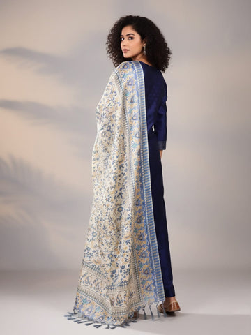 Varanga Women Navy Blue Woven Zari Embroidered Straight Kurta With Bottom And Dupatta