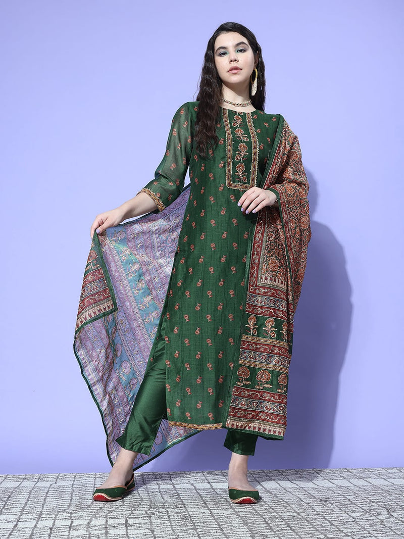 Varanga Women Green Floral Printed Kurta Paired With Tonal Bottom And Thread Embroidered Dupatta