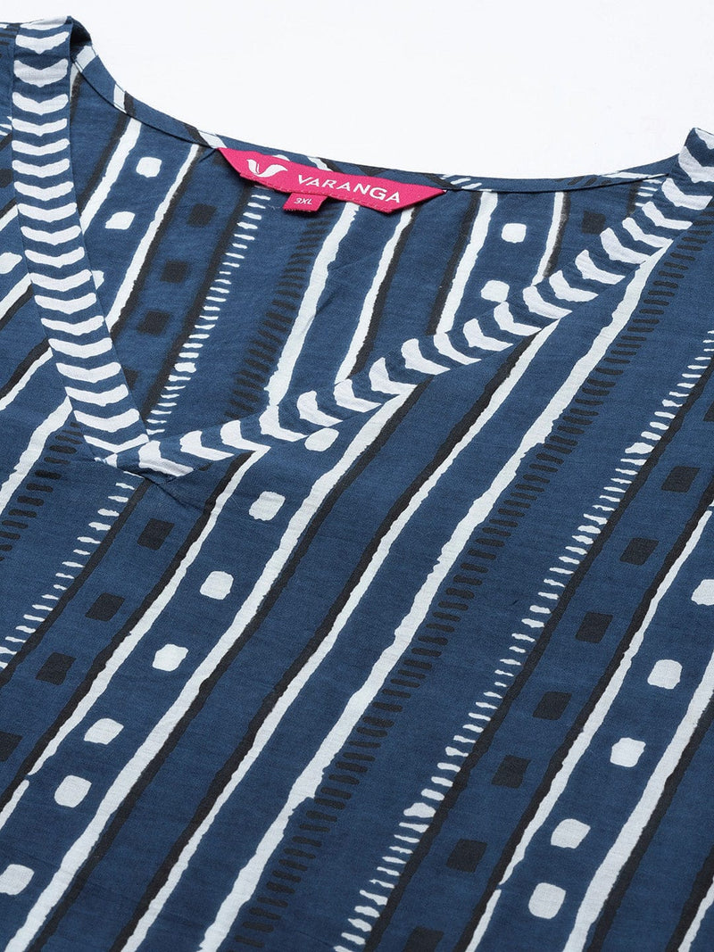 Varanga Women Blue And White Striped Straight Kurta With V Shape Neckline And 3/4Th Sleeves