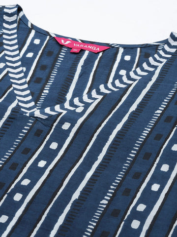 Varanga Women Blue And White Striped Straight Kurta With V Shape Neckline And 3/4Th Sleeves