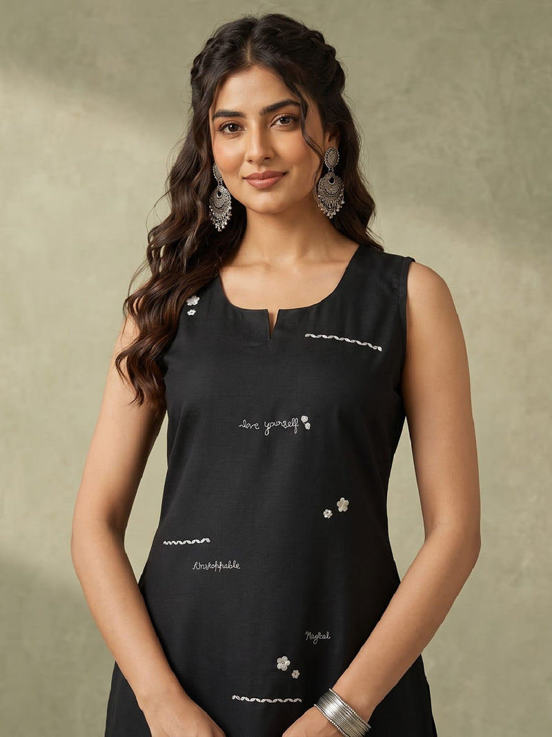 Black Kurta Set With Playful Typography Motif