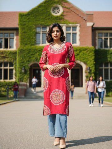 Varanga Red Ethnic Printed Straight Kurta with V-Neck and Three-Quarter Sleeves