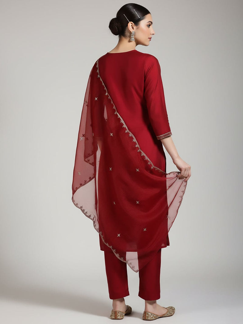 Varanga Women Thread & Sequin Embroidered Yoke Kurta With Trouser & Dupatta