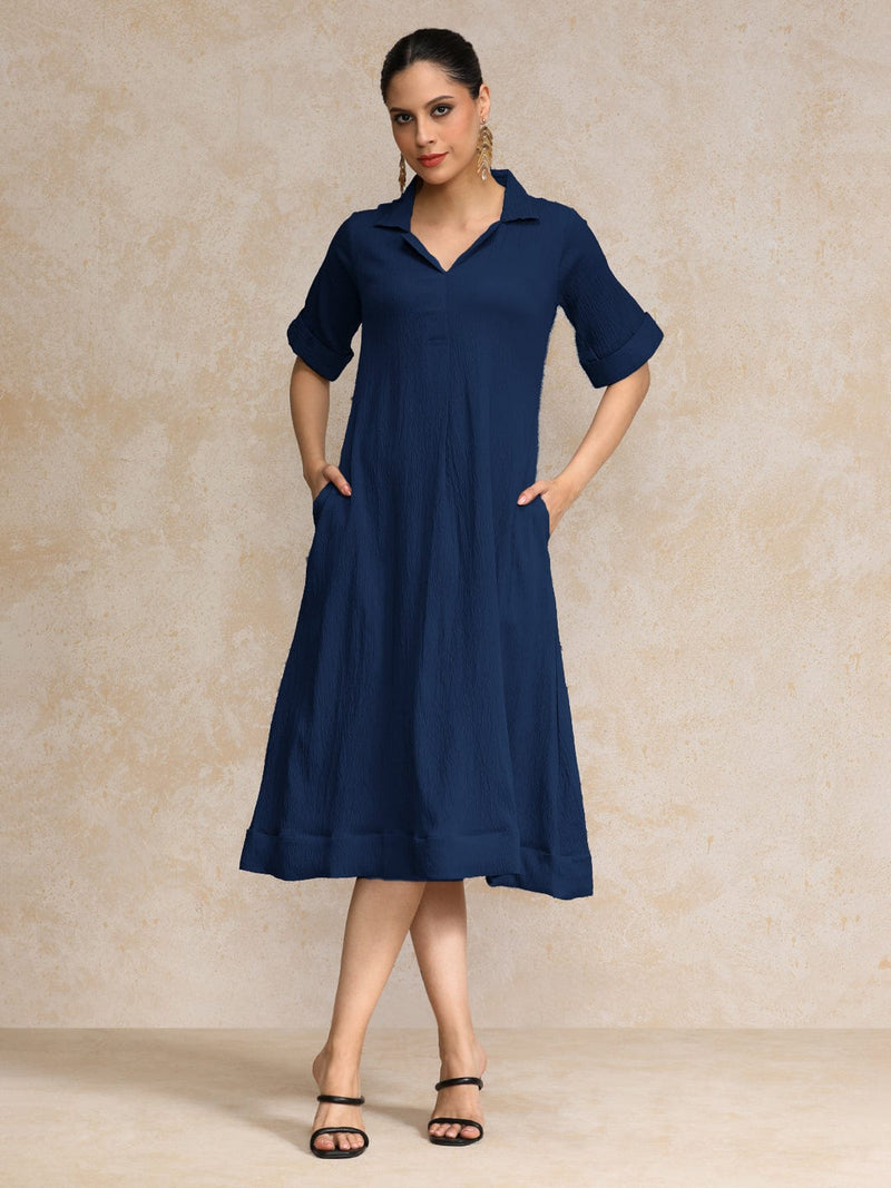 Varanga Women Beige Shirt Collar A Line Dress