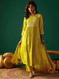 Bandhani-Printed Anarkali With Zari-Embroidered Yoke, Paired With Solid Trousers And Dupatta
