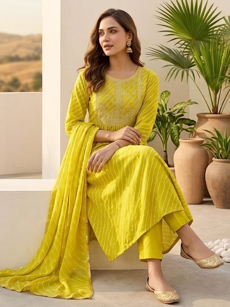 Bandhani-Printed Anarkali With Zari-Embroidered Yoke, Paired With Solid Trousers And Dupatta