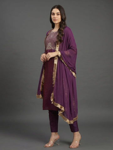 Varanga Women Purple Gold Toned Ethnic Motifs Embroidered Gotta Patti Kurta With Trousers Dupatta