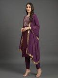 Varanga Women Purple Gold Toned Ethnic Motifs Embroidered Gotta Patti Kurta With Trousers Dupatta