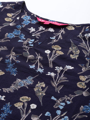 Varanga Women Navy Blue And Grey Floral Printed Indigo Kurta