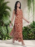 Varanga Women Red Ikat Printed Straight Kurta With Palazzo